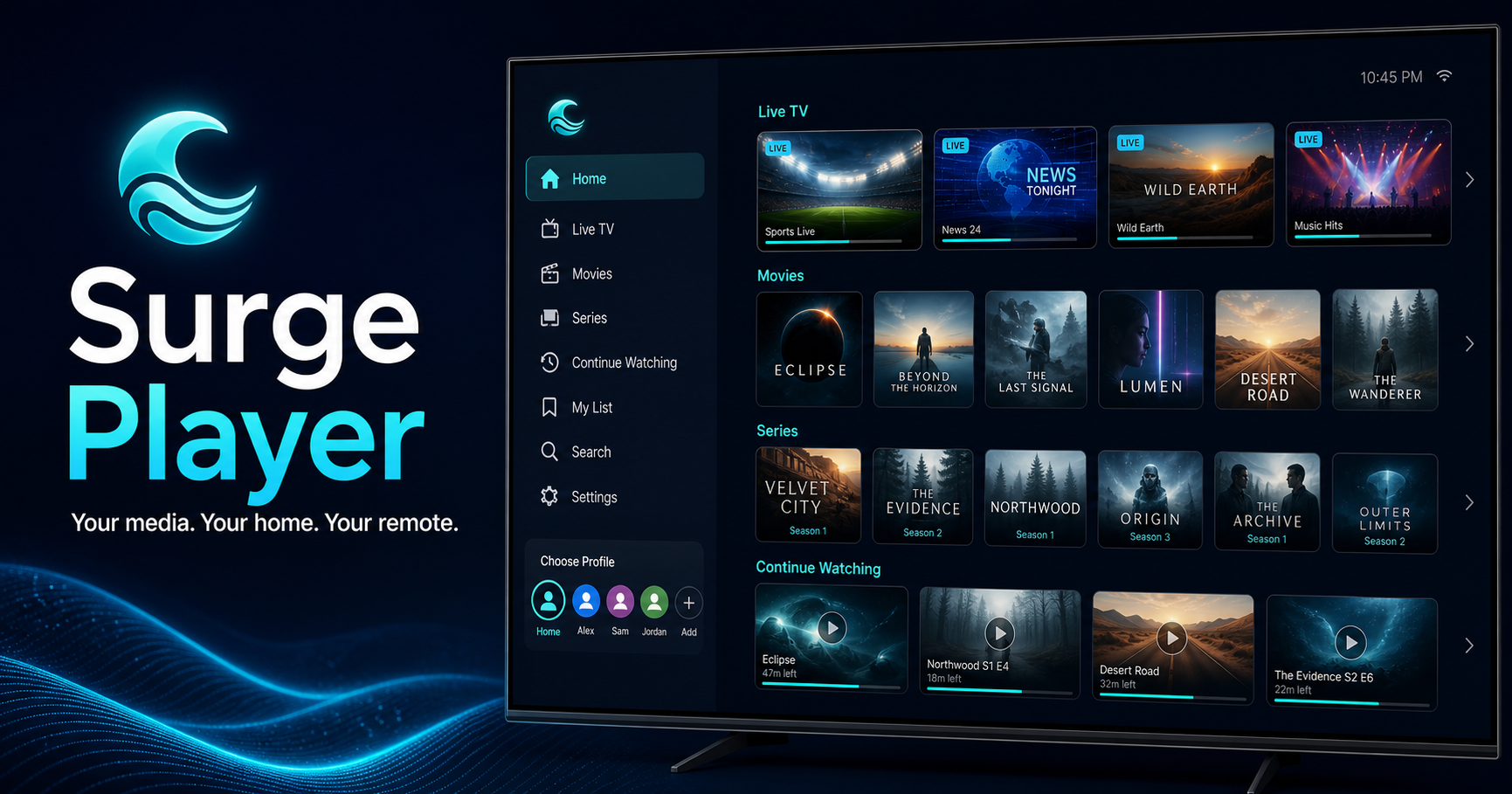 Surge Player TV interface concept with Live TV, Movies, Series, Continue Watching, and profile selection